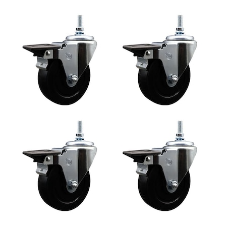 Service Caster 4 Inch Soft Rubber 12 MM Threaded Stem Caster Set with Brake SCC-TS20S414-SRS-PLB-M1215-4